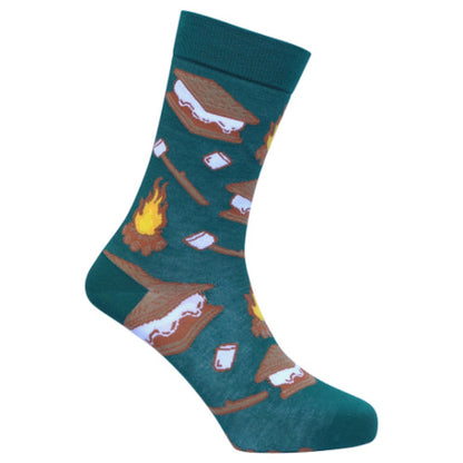 Teal sock with smores and campire design on a white background