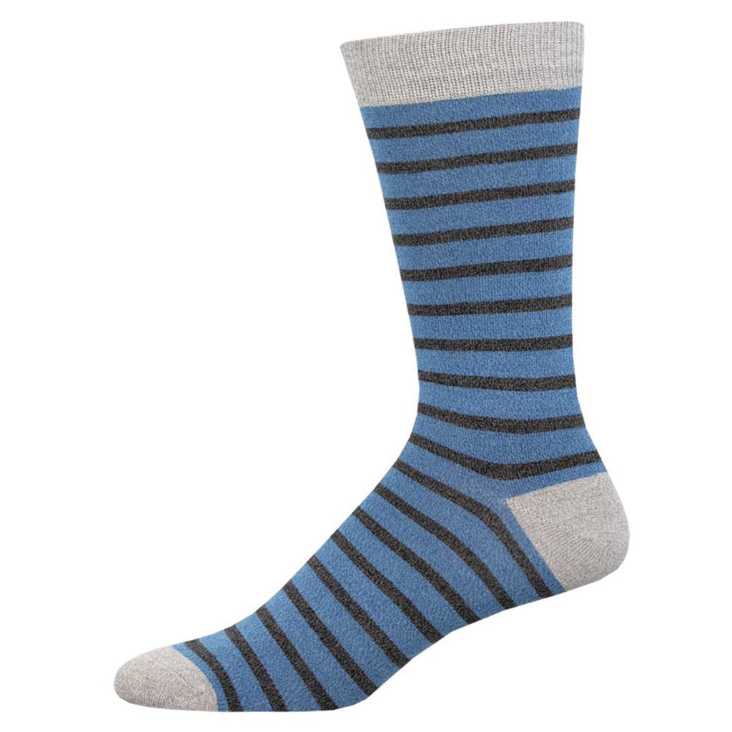 blue and black striped sock with gray at the top, on the heel, and on the toe on a white background