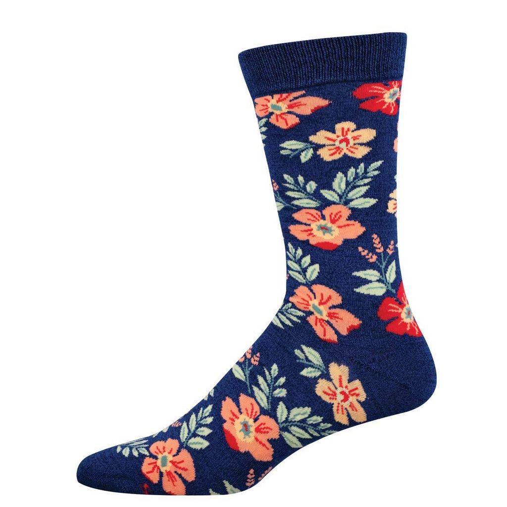 Navy blue socks with a floral pattern on them on a white background