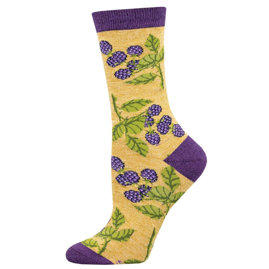 Yellow toned sock with a blackberry pattern on a white background