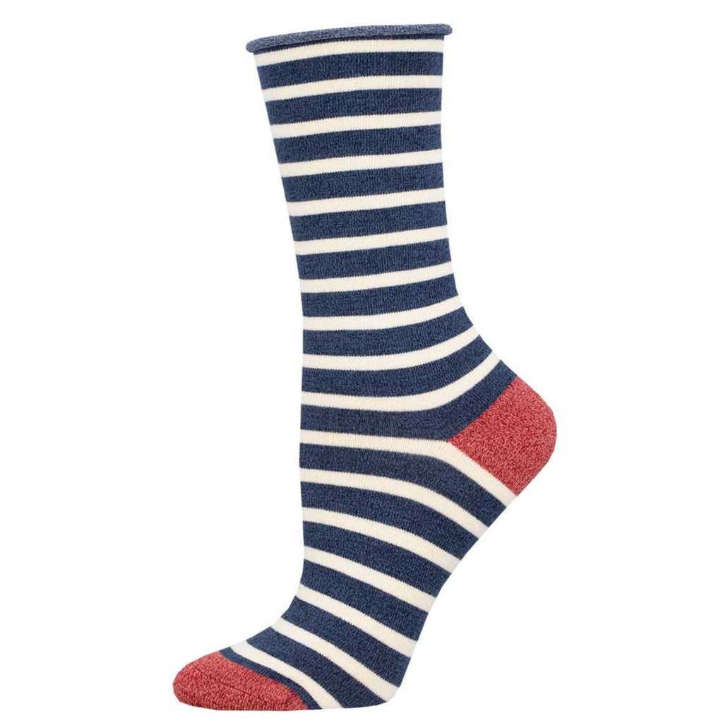 White and navy striped socks with red on the heel and toe on a white background