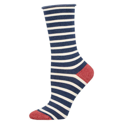 White and navy striped socks with red on the heel and toe on a white background