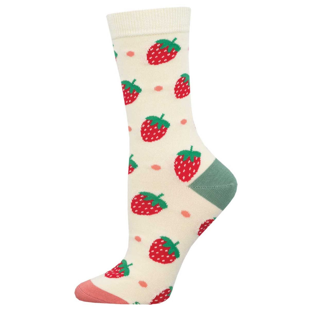 Cream-colored sock with red strawberry pattern on a white background