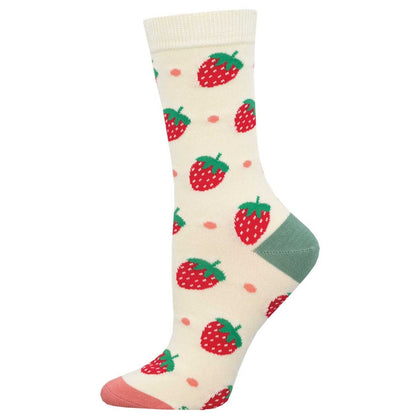 Cream-colored sock with red strawberry pattern on a white background