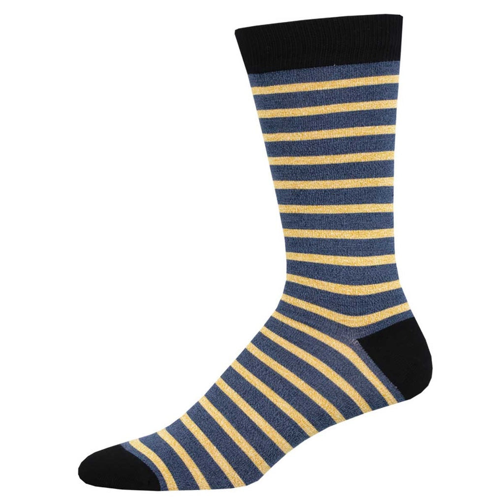Striped sock with blue and yellow pattern with black on the top, heel, and toe on a white background