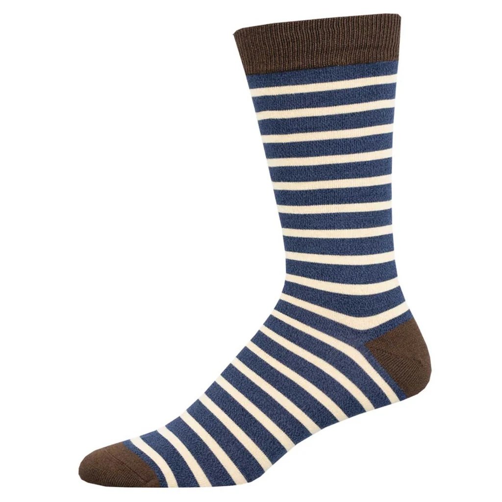 Blue and white striped sock with brown accents on a white background