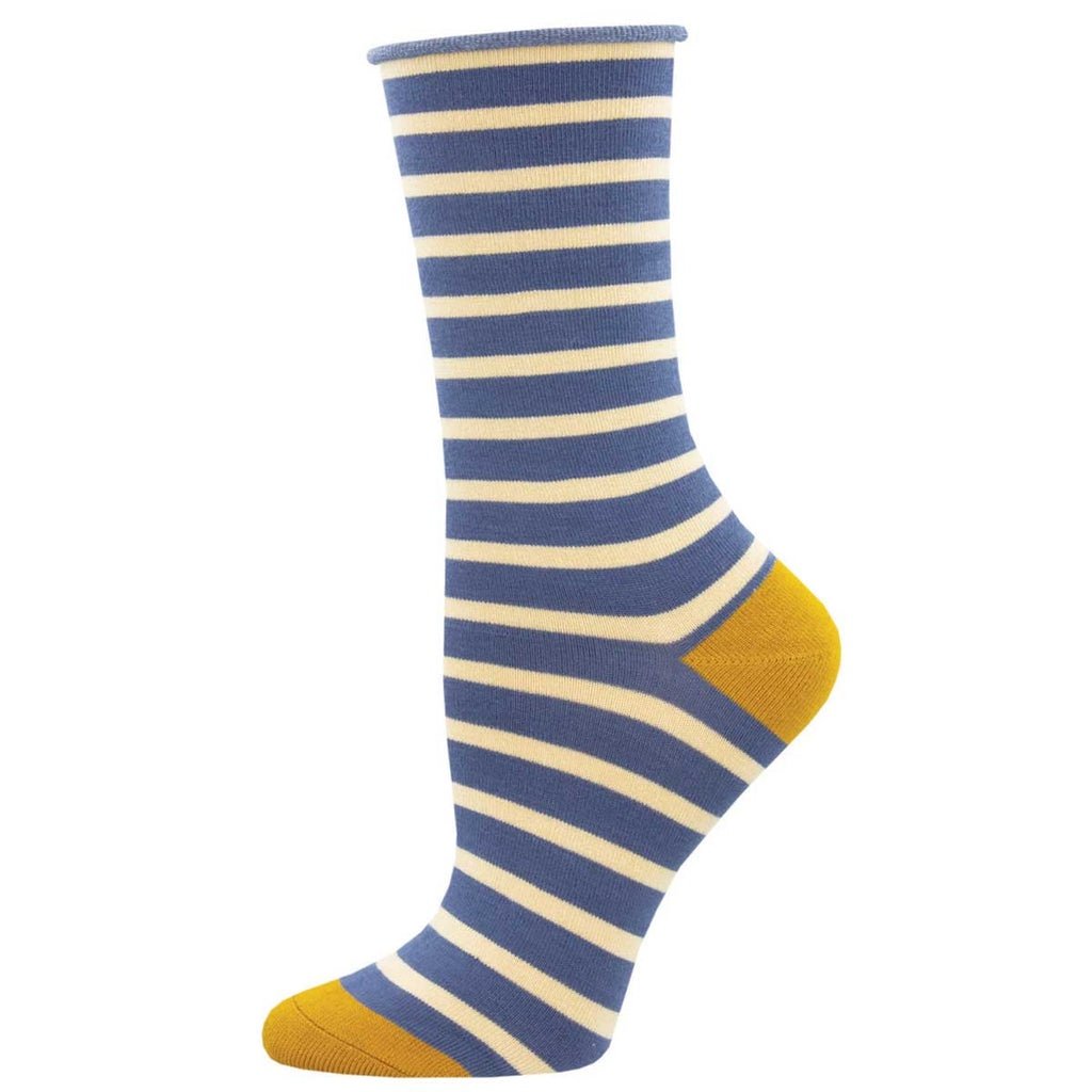 Striped sock with blue, white, and yellow on the heel and toe on a white background