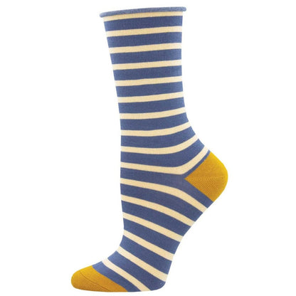 Striped sock with blue, white, and yellow on the heel and toe on a white background