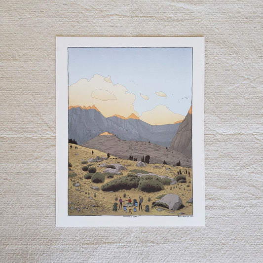 artwork of the southern Sierra mountain landscape with people camping.