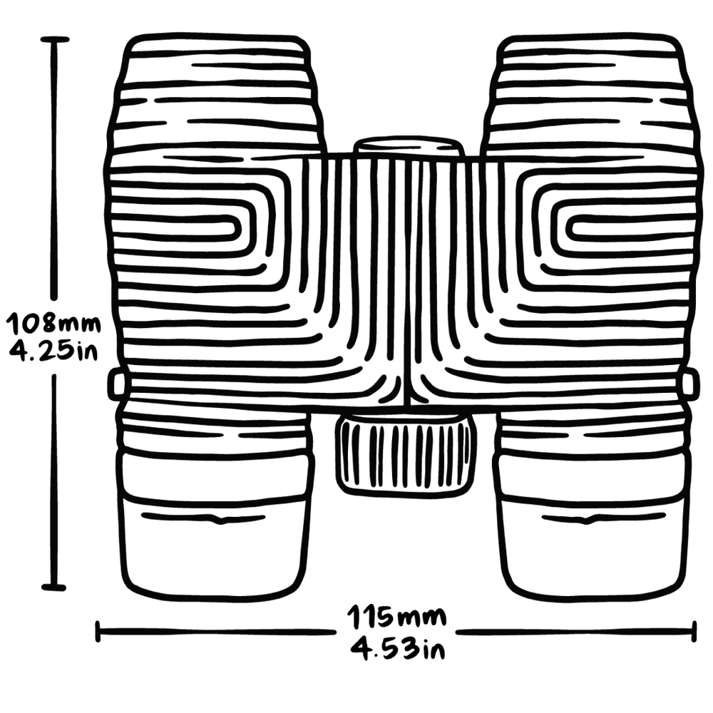 Line drawing of binoculars with dimensions labeled