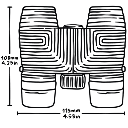 Line drawing of binoculars with dimensions labeled