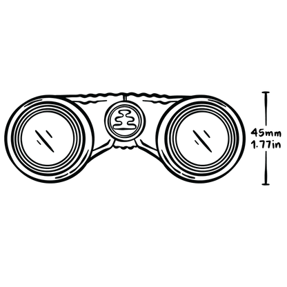Black and white line drawing of binoculars with measurements on a white background