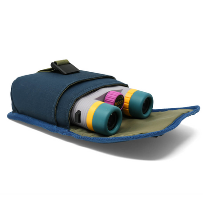 A navy blue binocular pouch holding a pair of binoculars with teal, yellow, white, and pink accents, shown on a clean white background.