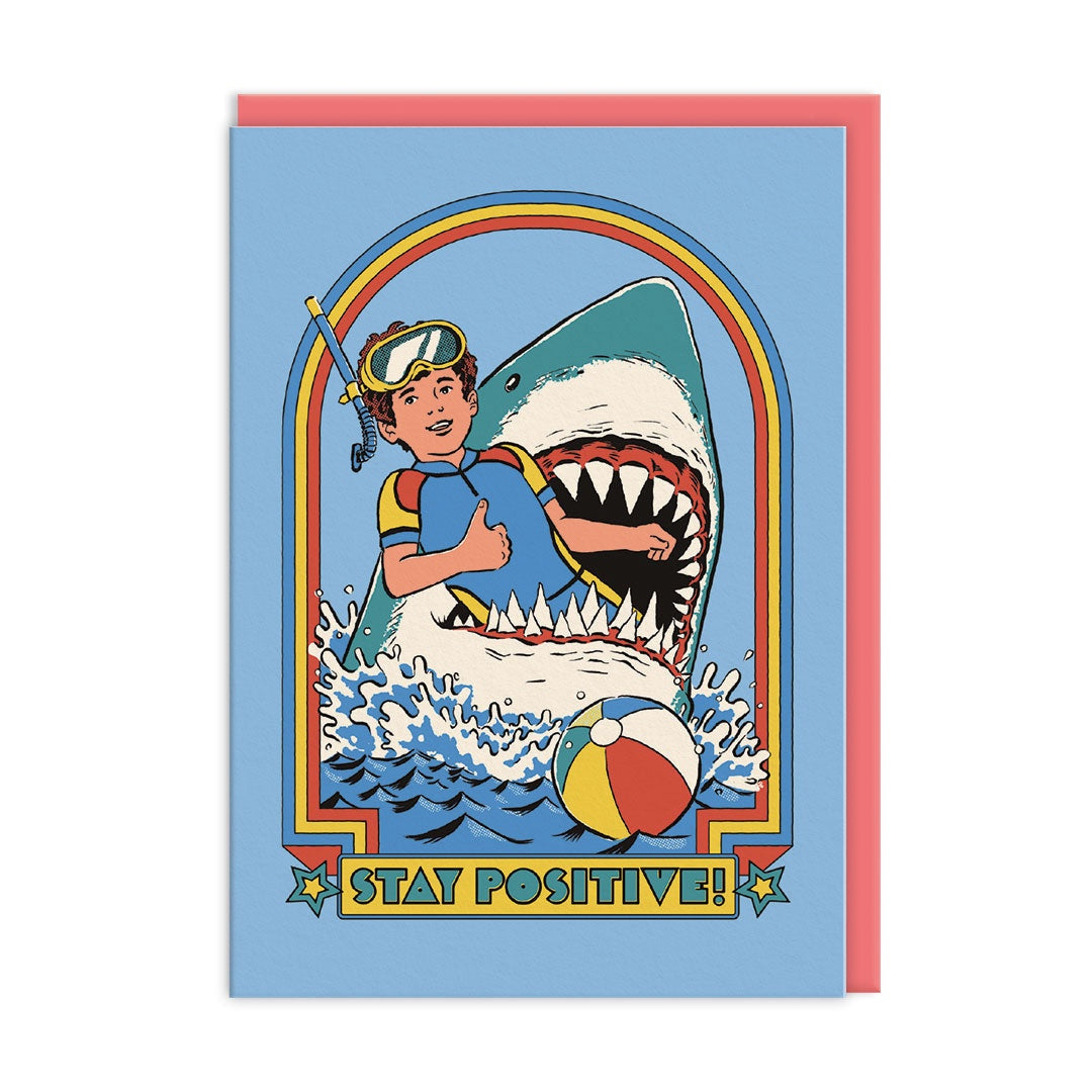 Illustration of a person being eaten by a shark with 'Stay Positive!' text on a blue background