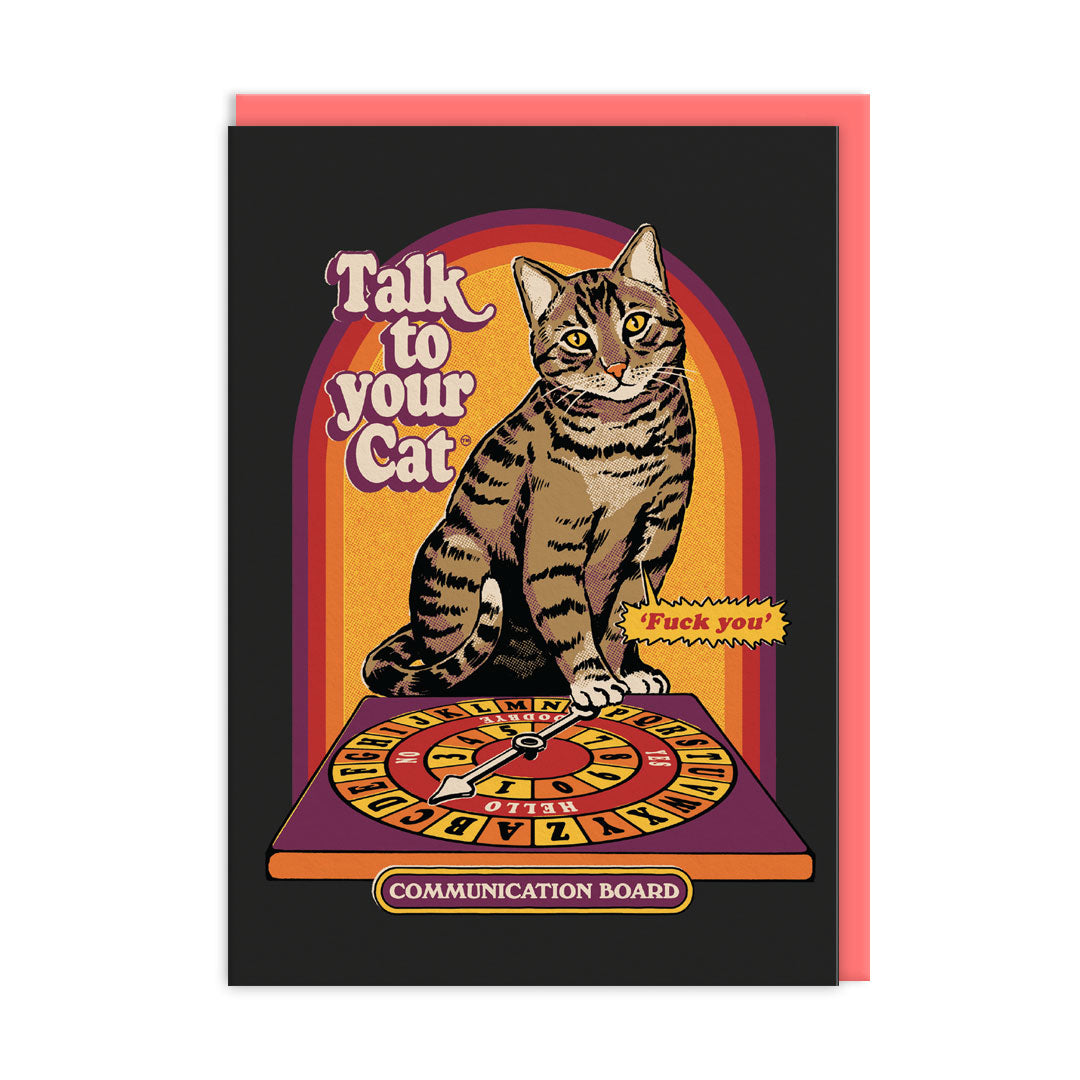 Card with a cat on a communication board and text 'Talk to your cat' and 'Fuck you!' on a black border.