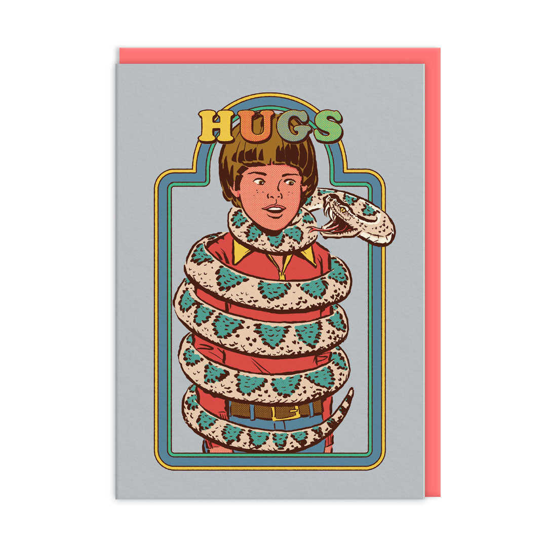 Card with illustration of a person hugged by a snake with 'HUGS' text on a gray background