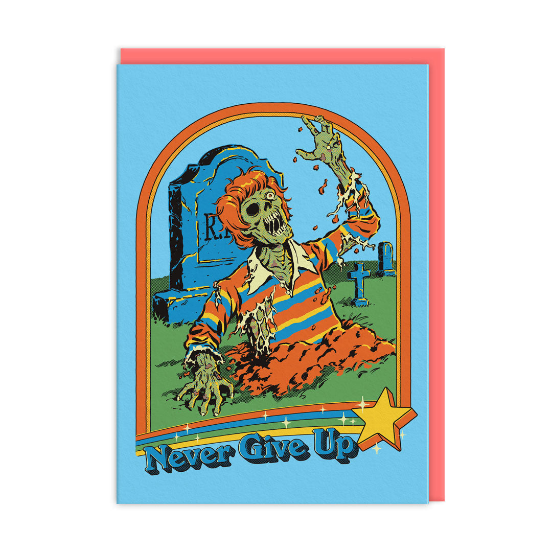 Cartoon zombie in a colorful outfit emerging from a grave with 'Never Give Up' text on a blue background