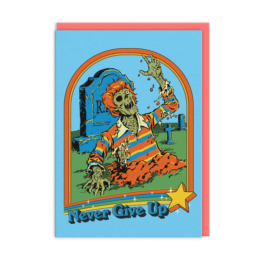 Cartoon zombie in a colorful outfit emerging from a grave with 'Never Give Up' text on a blue background