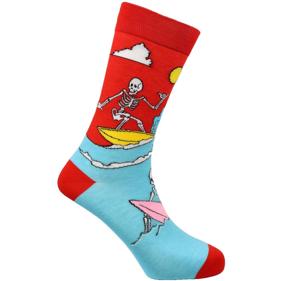 Colorful sock with a surfing skeleton design on a white background