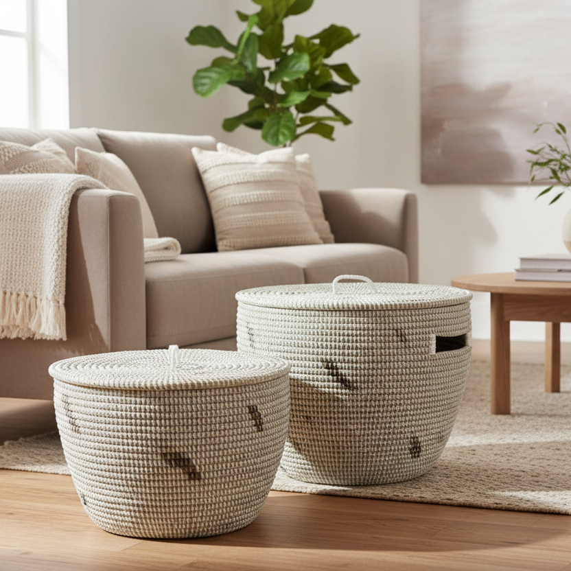 Two woven baskets with decorative patterns on a white background