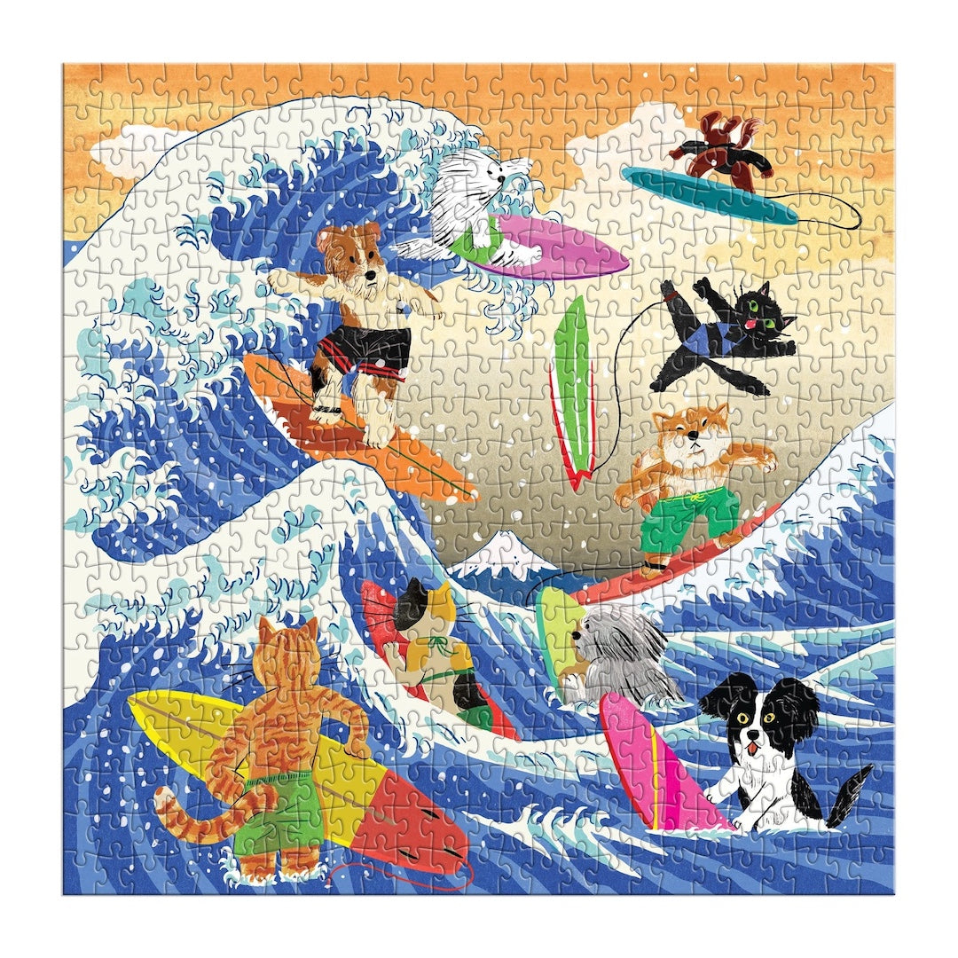 Jigsaw puzzle with cartoon animals surfing on a wave