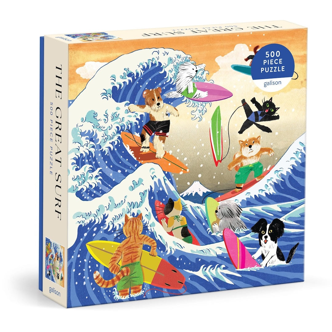 Gallison 500 piece puzzle box with cartoon dogs surfing on a wave design.
