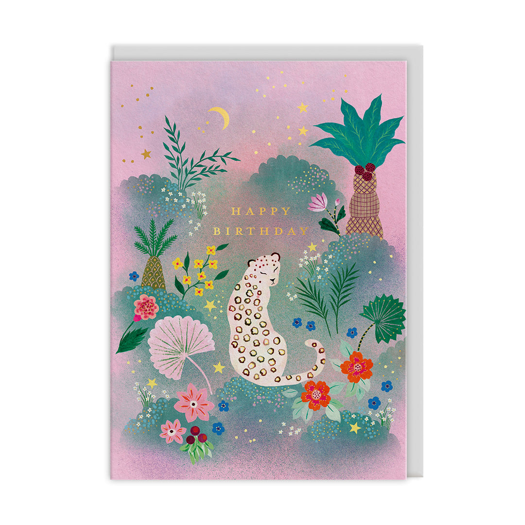 Birthday card with a leopard, flowers, and plants on a pink background