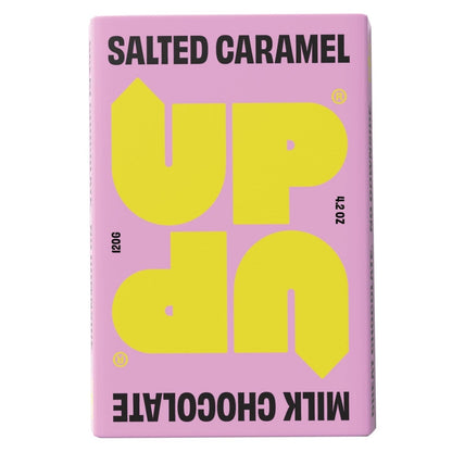 Pink packaging of UP UP salted caramel milk chocolate with yellow text on a white background