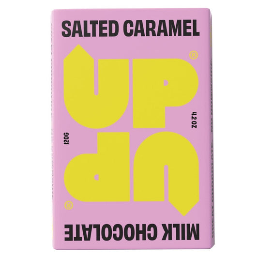 Pink packaging of UP UP salted caramel milk chocolate with yellow text on a white background