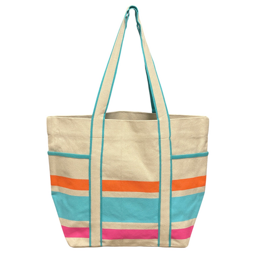Canvas tote bag with pink, aqua, and orange stripes