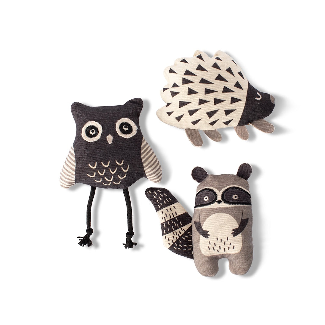 Set of 3 mini dog toys, 1 raccoon, 1 owl, and 1 porcupine on a white background