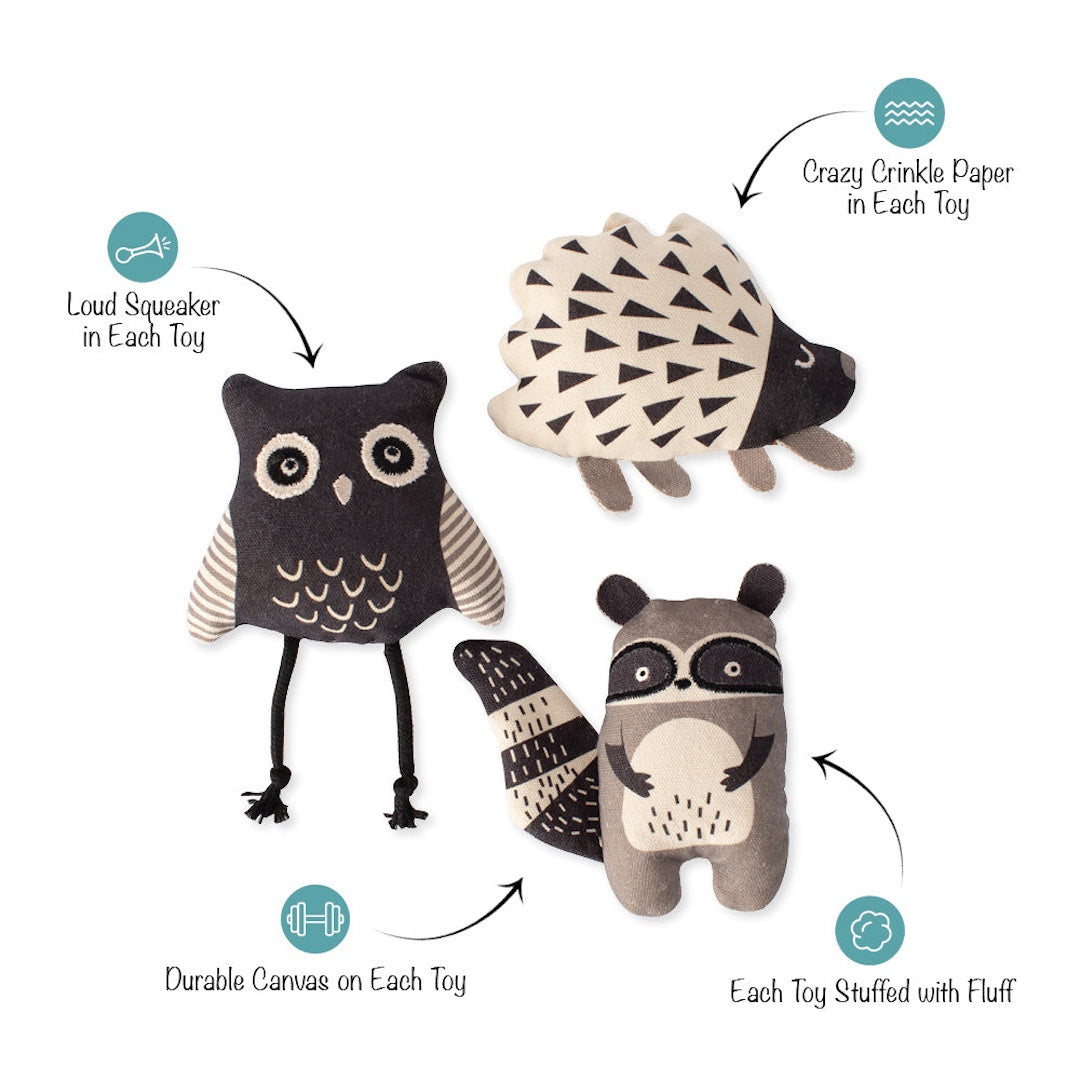 3 mini dog toys, 1 owl, 1 raccoon, and 1 porcupine on a white background with product description bubbles