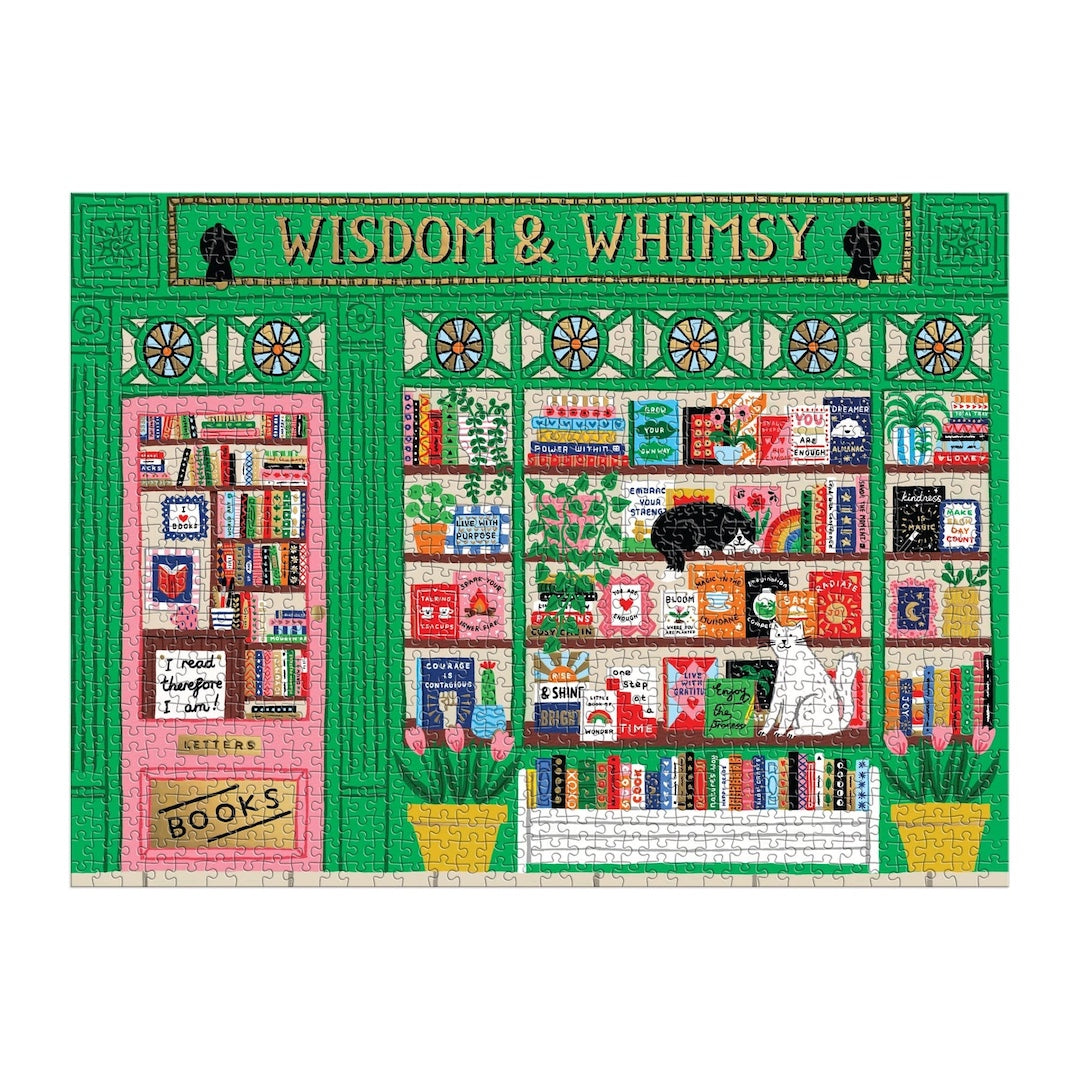 Jigsaw puzzle featuring an illustration of a bookshop named 'Wisdom & Whimsy' with colorful books and decor.