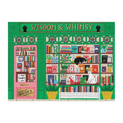 Jigsaw puzzle featuring an illustration of a bookshop named 'Wisdom & Whimsy' with colorful books and decor.