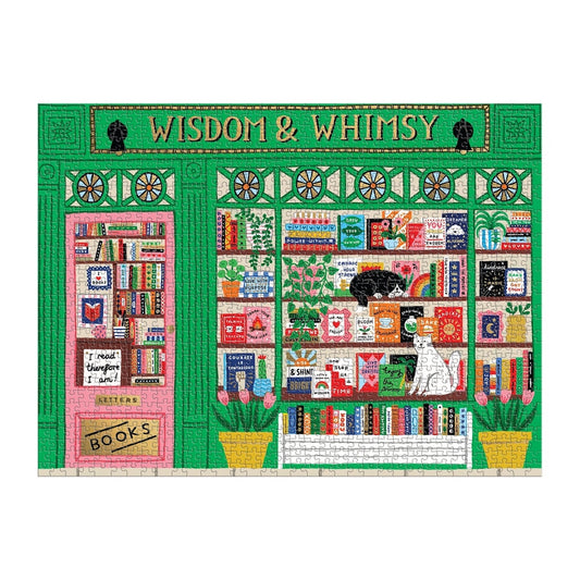 Jigsaw puzzle featuring an illustration of a bookshop named 'Wisdom & Whimsy' with colorful books and decor.