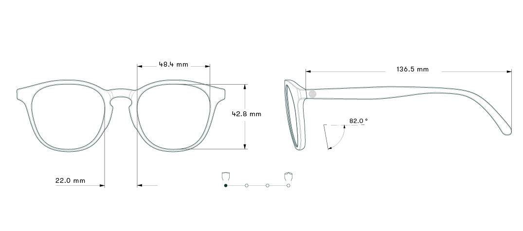 Drawing of yuba sunglass with the dimensions 