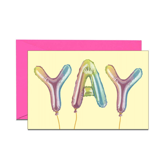 Greeting card with colorful balloon letters spelling 'WAY' on a yellow background