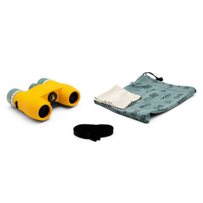 Yellow binoculars with a cloth and sleeve