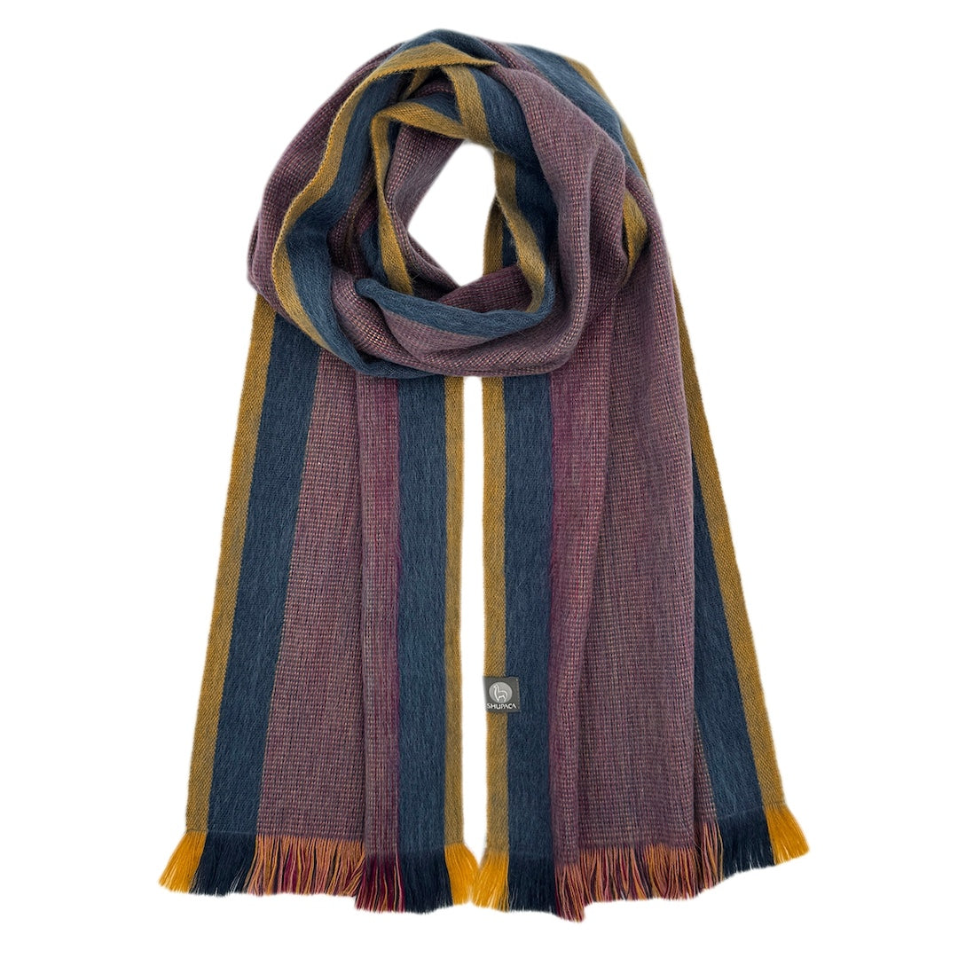 Striped scarf with purple, blue, and yellow colors on a white background