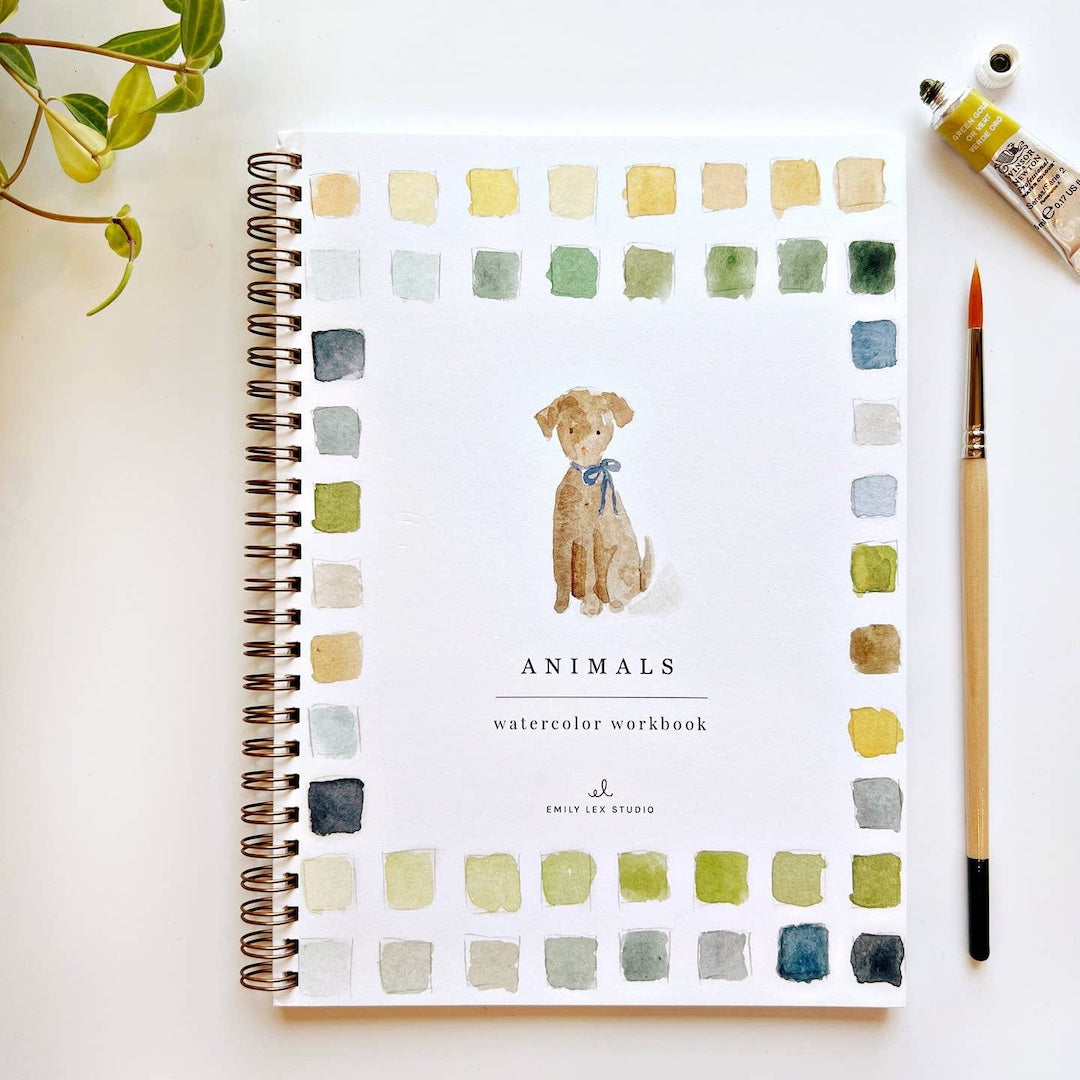 Watercolor workbook titled 'Animals' with a dog illustration on a white background.