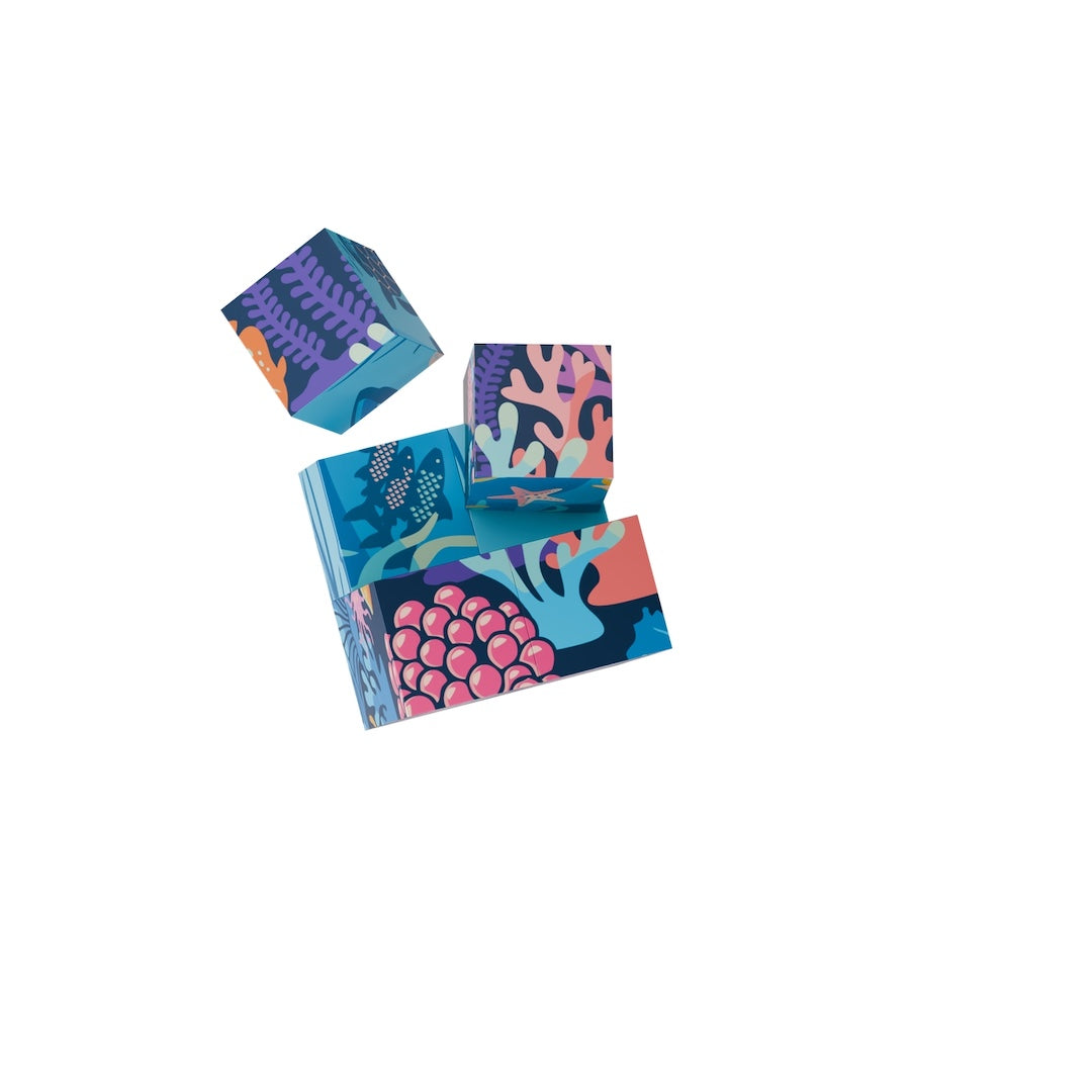 8 small cubes that come together to form one large cube. Each cube has a different design on each face to create a difference picture depending on how you put it together