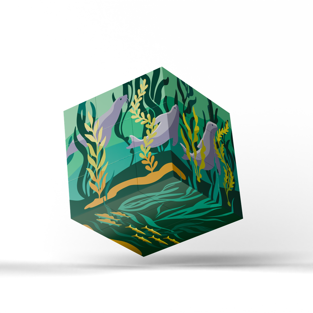A floating cube-shaped product with a stylized underwater illustration featuring gray seals, green and teal water, and yellow seaweed, shown on a clean white background with a soft shadow underneath.