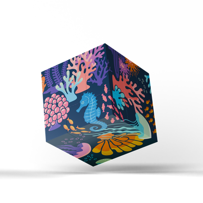A floating cube-shaped product with a stylized underwater illustration featuring bright coral and seahorses, shown on a clean white background with a soft shadow underneath.