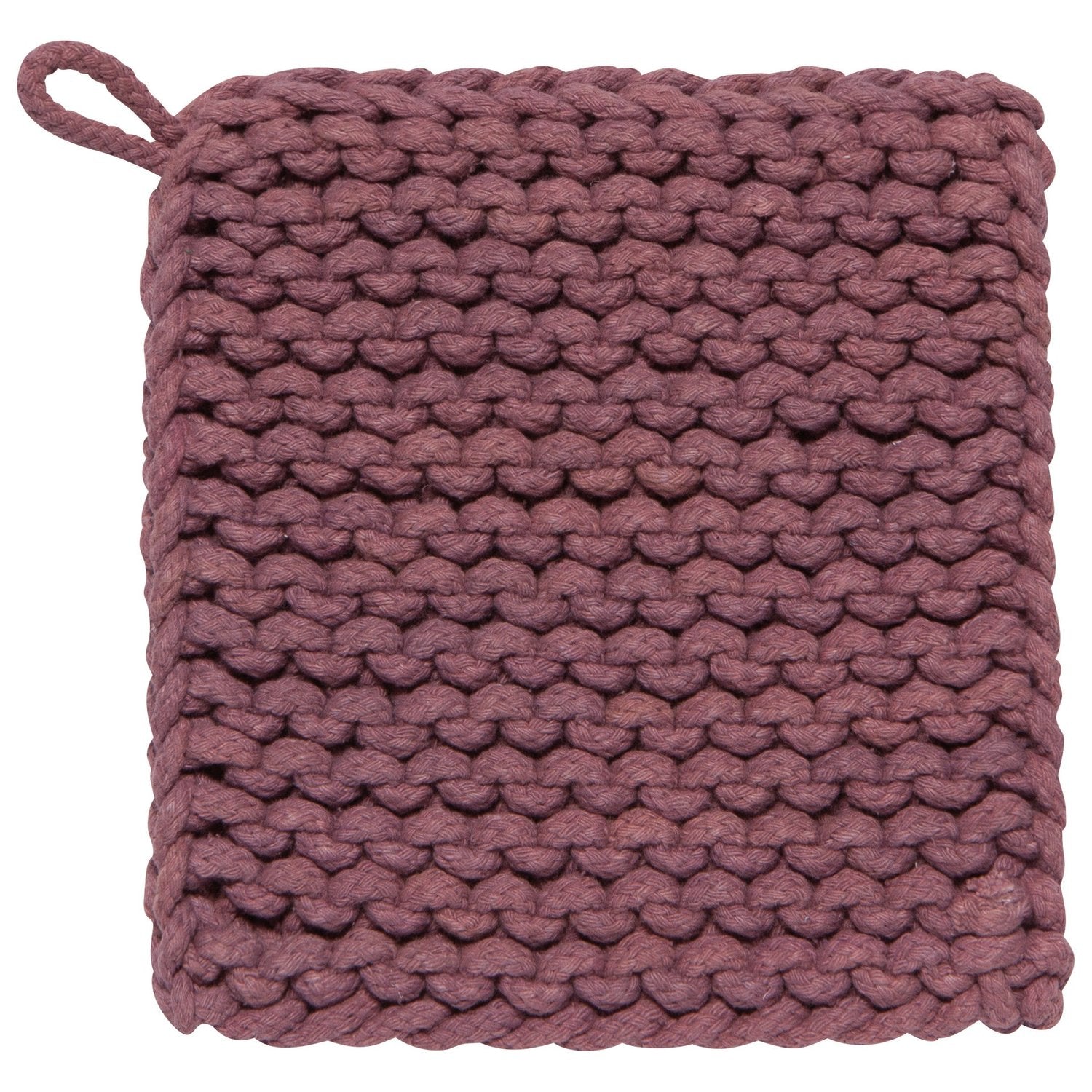 purple Knitted pot holder with a loop on a white background