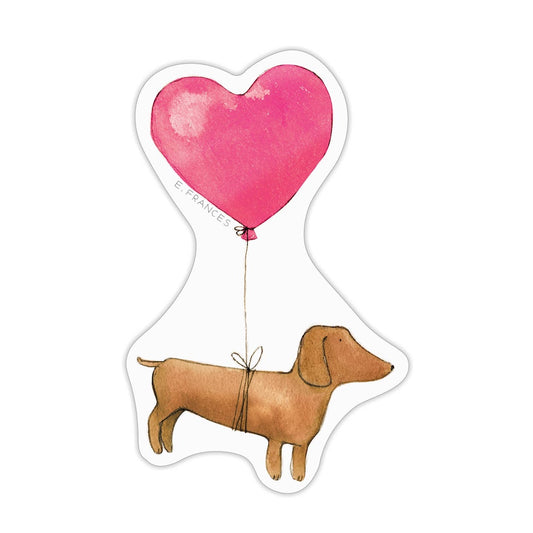 dachshund tied to a pink heart-shaped balloon sticker on a white background