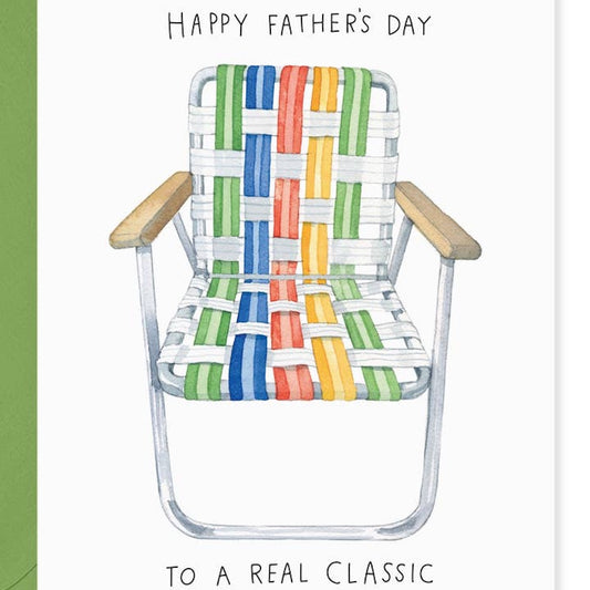 Colorful striped deck chair with 'Happy Father's Day to a Real Classic' text on a white background