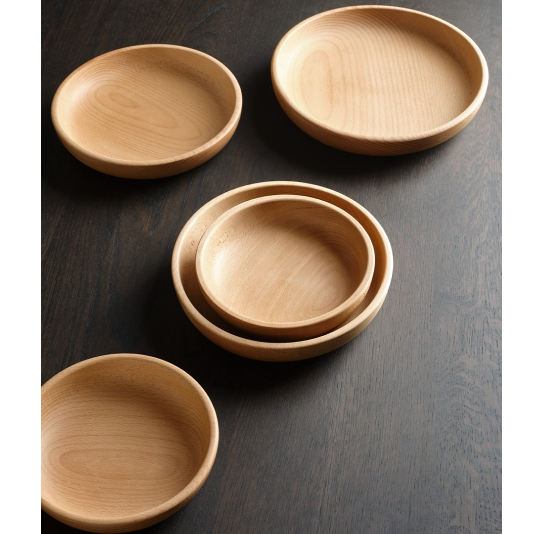 Four light natural wood bowls of varying sizes arranged on a dark wood surface, including one stack of nested bowls and three single bowls viewed from above.