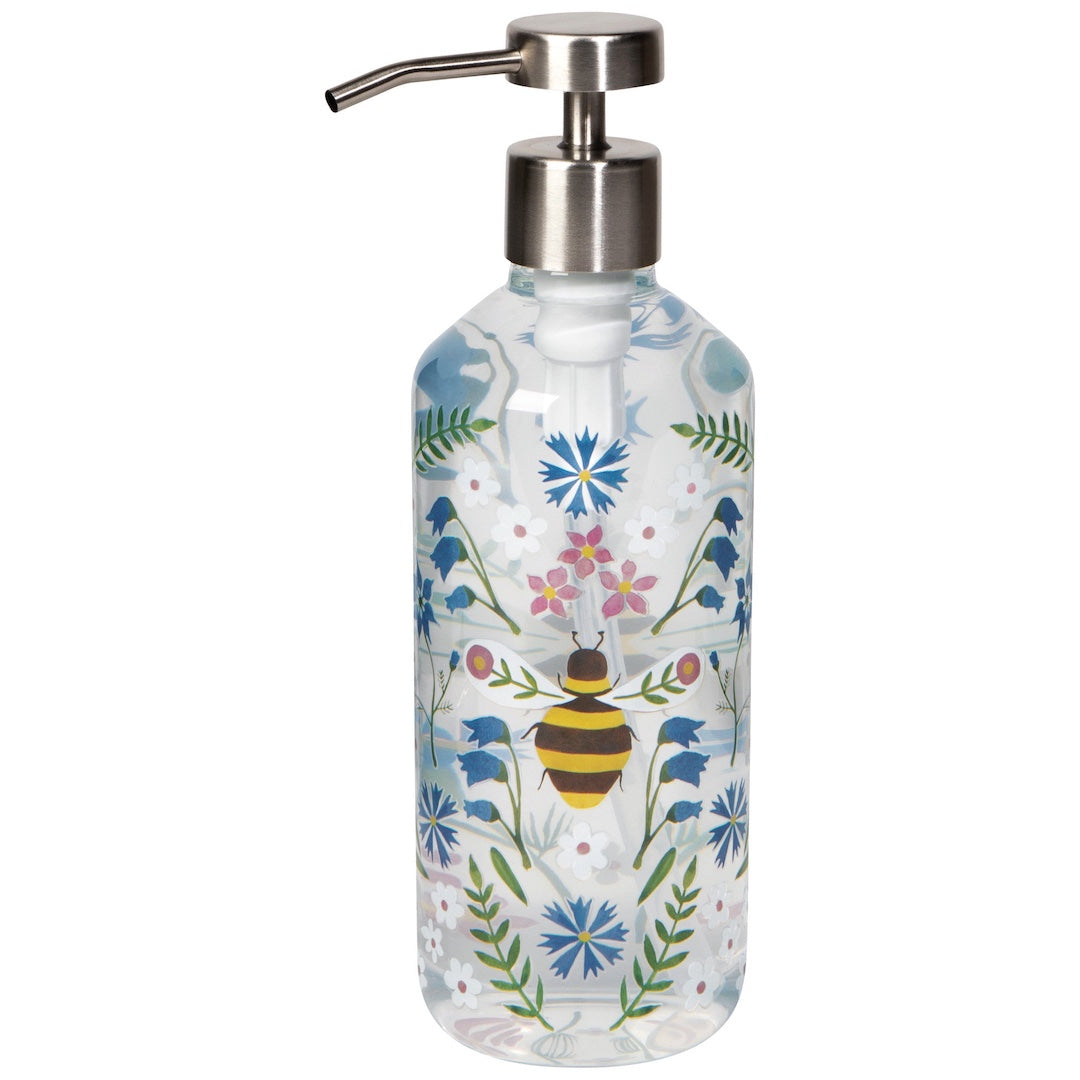 Clear soap dispenser with floral and bee design on a white background