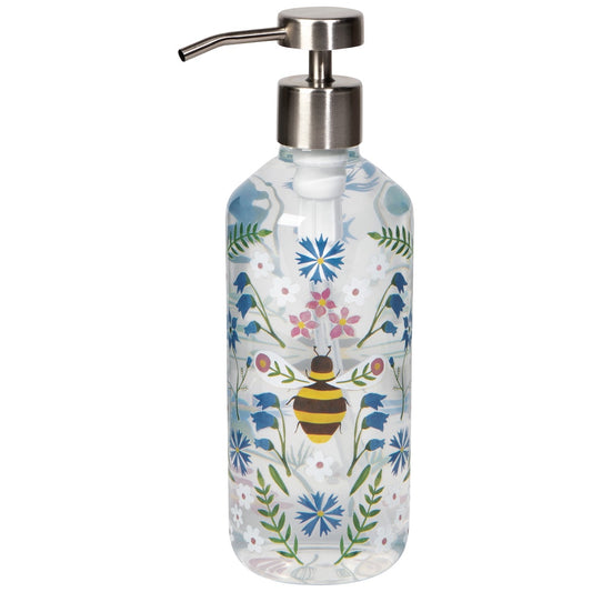 Clear soap dispenser with floral and bee design on a white background