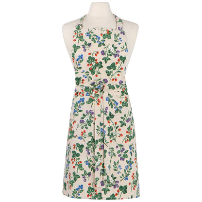 White apron with a berry bush pattern on it on a mannequin 